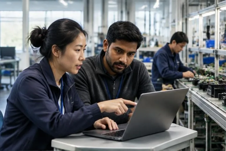 Representative image: builders reviewing production software at an assembly line