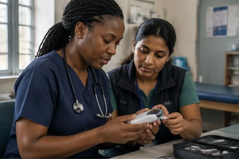 Representative image: healthcare builders testing portable diagnostic equipment