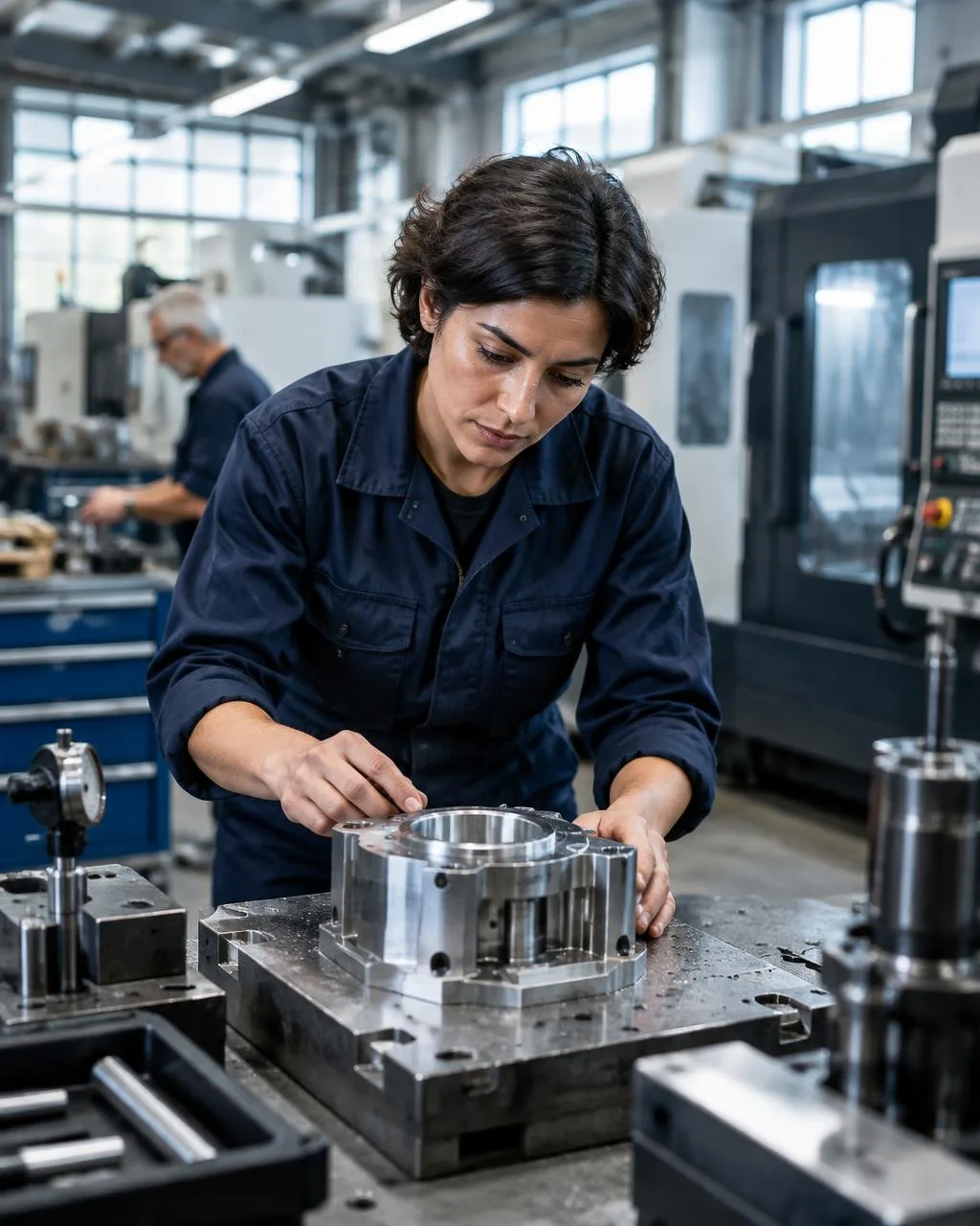 Representative engineer inspecting a machined component on a production floor