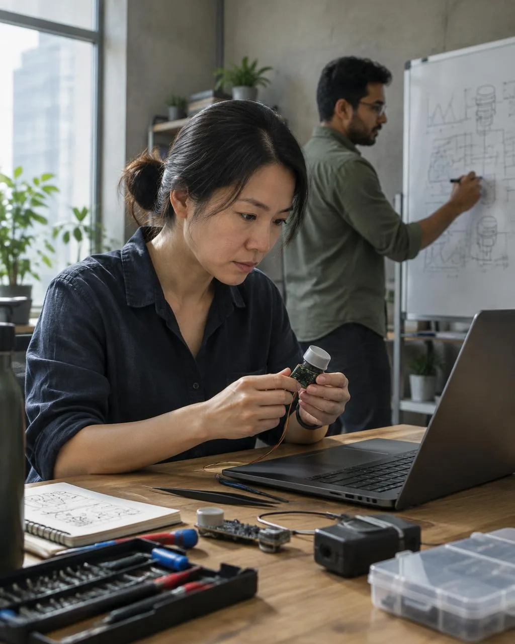 Representative technology team testing a sensor at a workbench