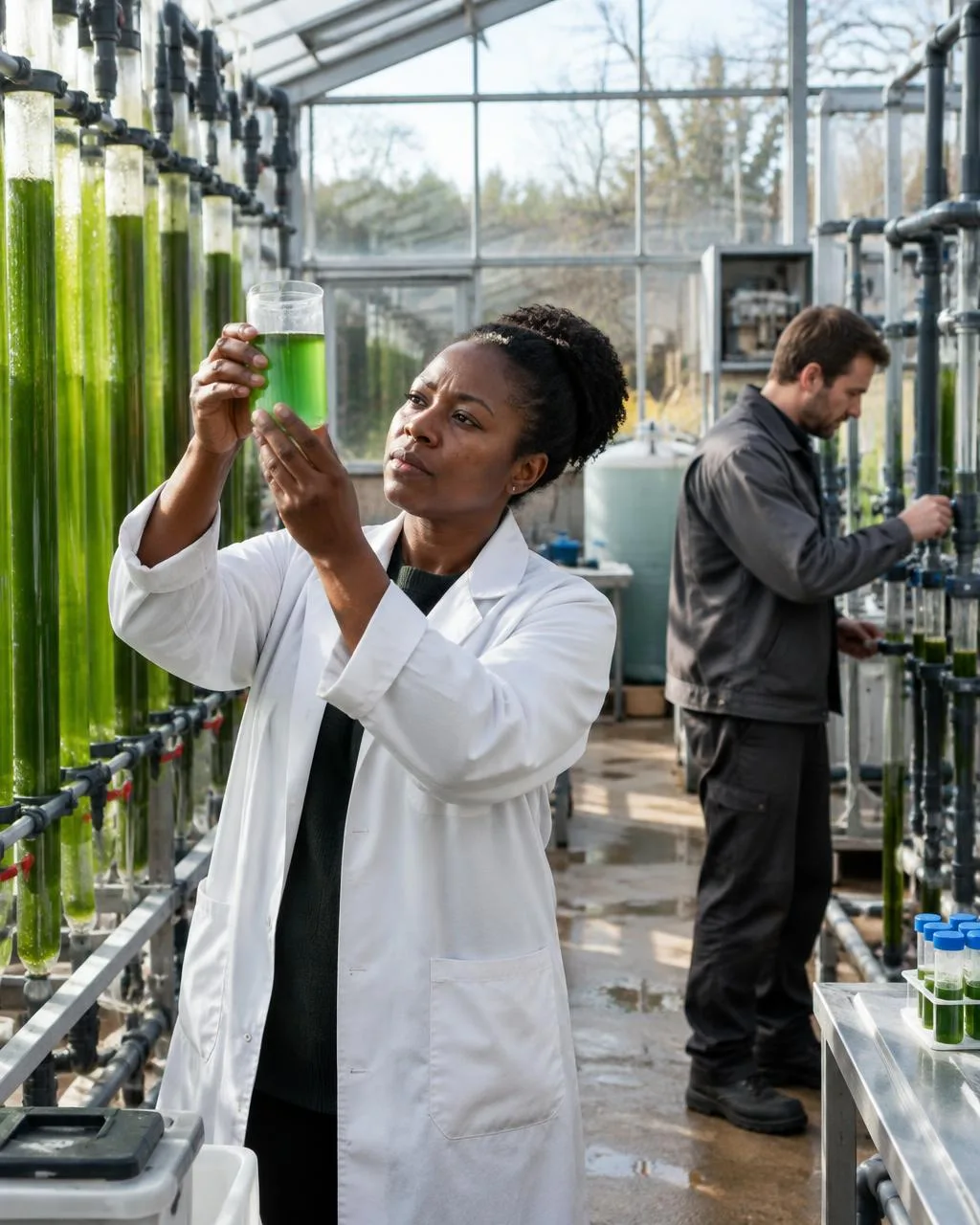 Representative climate researchers inspecting algae cultivation equipment