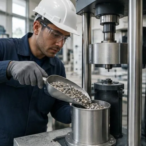 Representative image: operator testing aggregate with a materials press