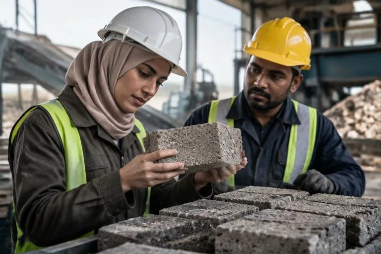 Representative image: builders examining recycled construction materials