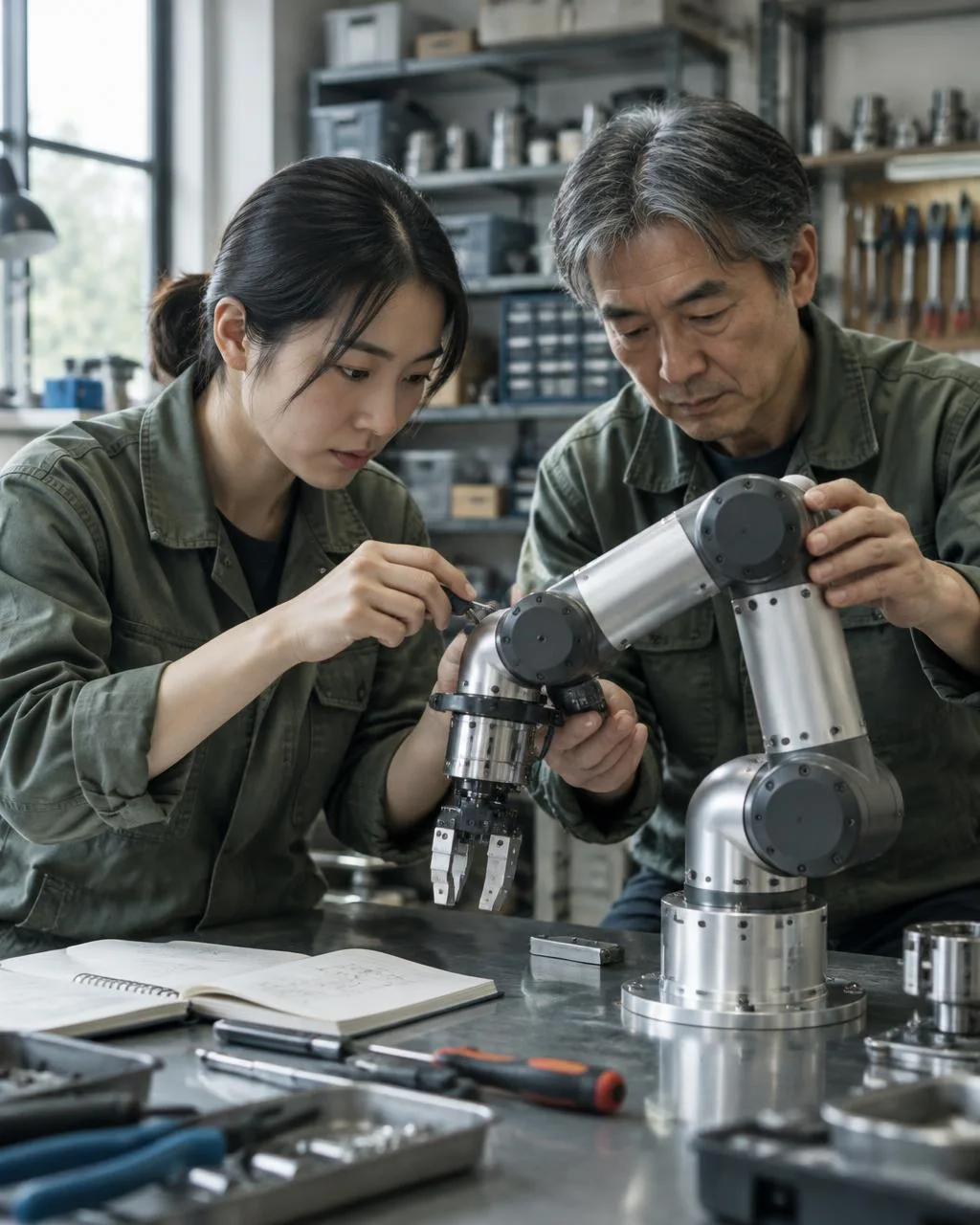 Representative robotics engineers adjusting a precision robot arm